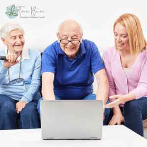 seniors and adult daughter learning together